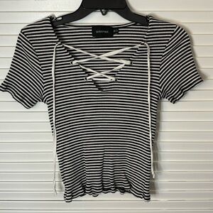MINKPINK Black & White Striped Lace-Up Ribbed Tee
